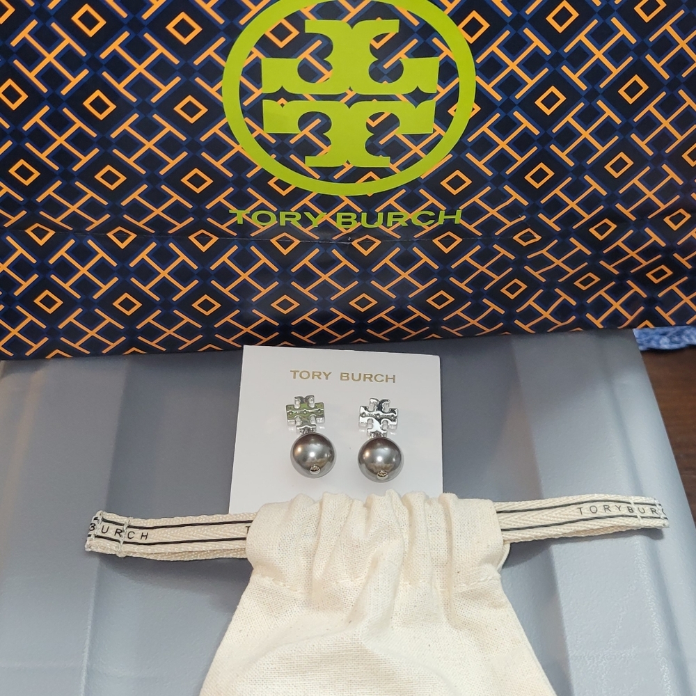 Tory Burch Silver Logo Pearl Drop Earrings